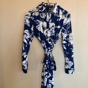 Floral Long Sleeve Button Up Tie Waist Dress